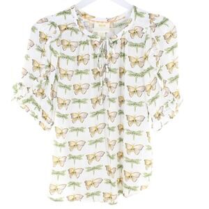 Maeve Anthropologie Butterfly Dragonfly Print Blouse Size 6 White Yellow